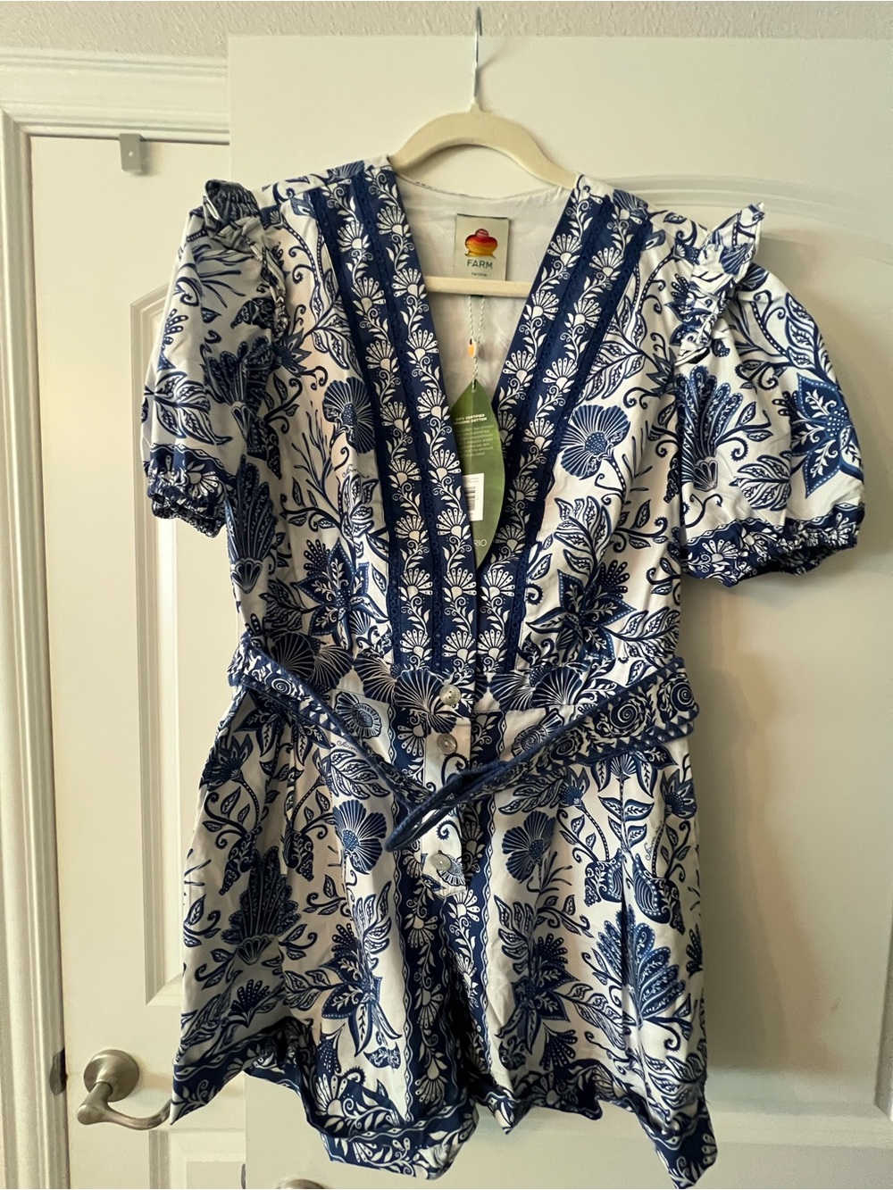 Farm Rio Blue and White Floral V-Neck Romper